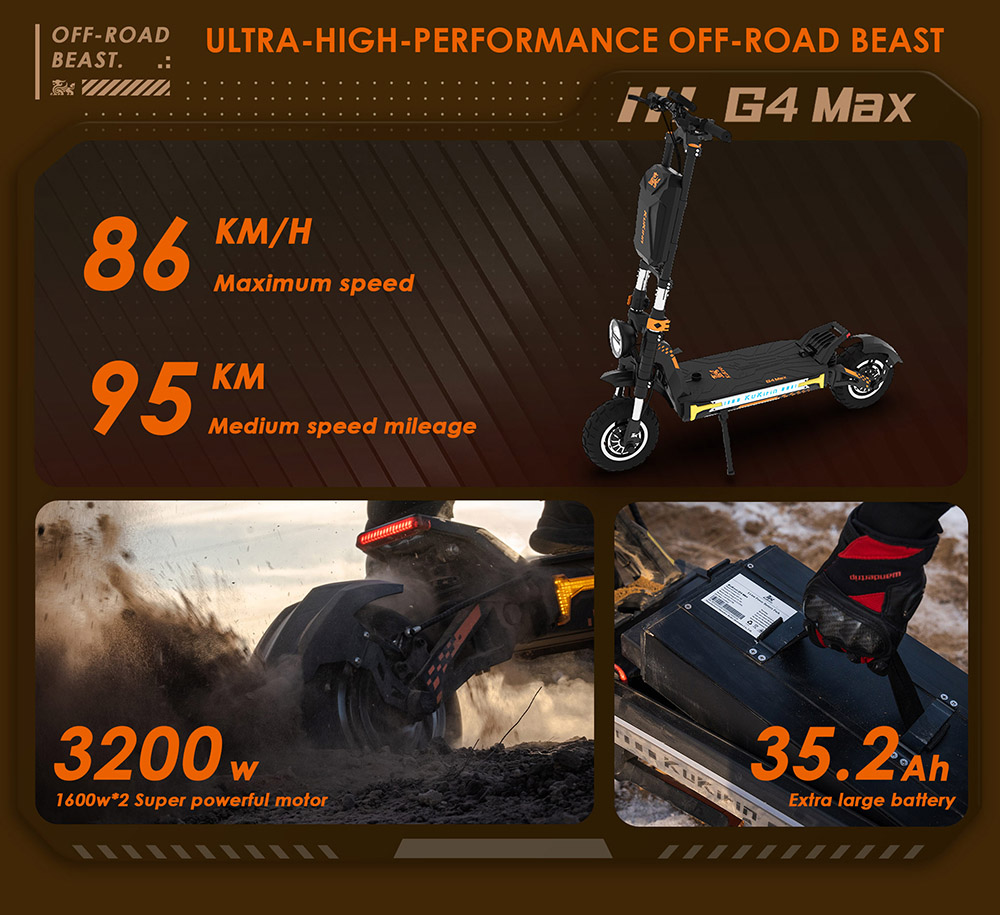 KuKirin G4 Max Foldable Off-Road Electric Scooter, 2*1600W Brushless Hub Motor, 12-inch Off-road Pneumatic Tires