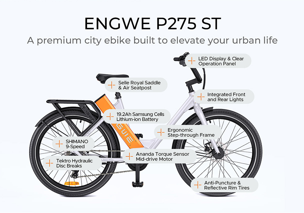 ENGWE P275 ST 250W elektrische woon-werkfiets met middenmotor, 260 km maximaal bereik, 19,2Ah Samsung-cel - Wit en oranje