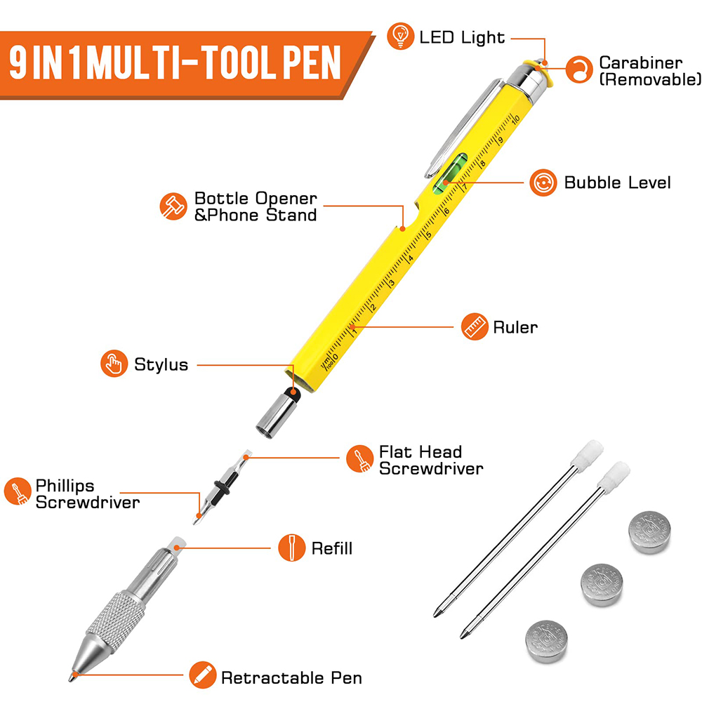 HMP P248 9-in-1 Multitool Pen, with Stylus, LED Light, Bottle Opener, Phone Holder, Ruler - Black