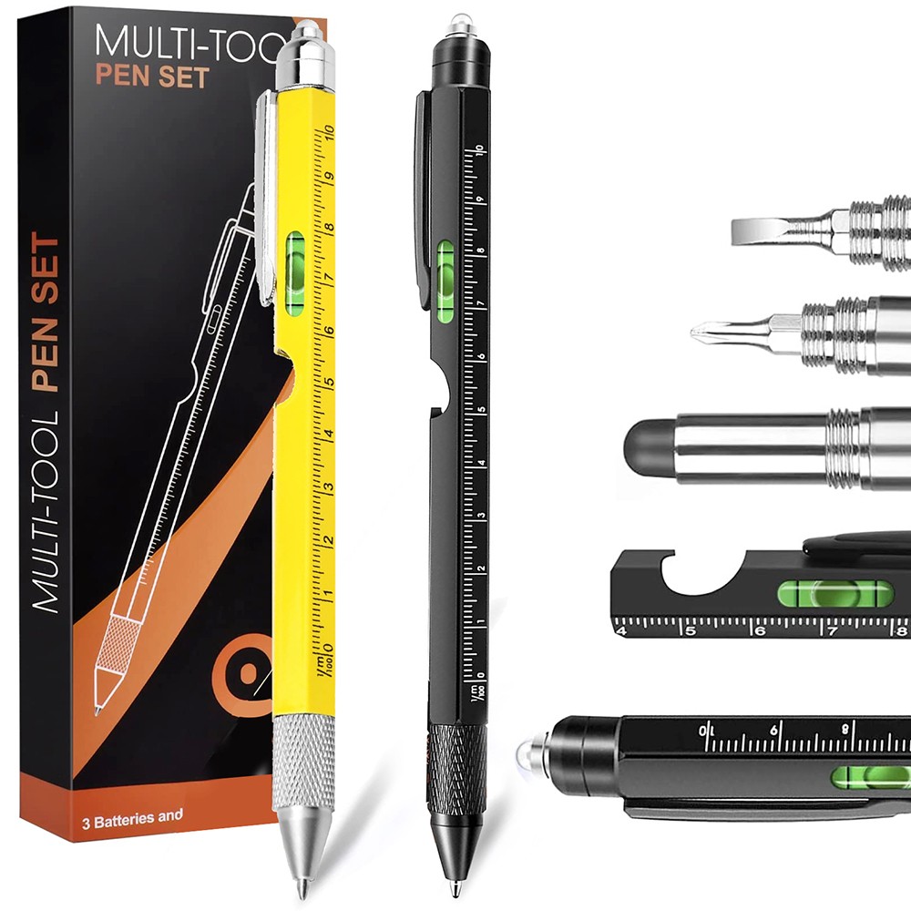 HMP P248 9-in-1 multigereedschap pen, met stylus, LED-lampje, flesopener, telefoonhouder, liniaal - Geel