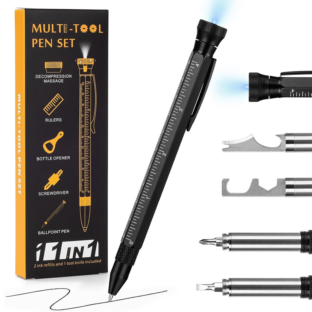 HMP P256 12-in-1 Multigereedschap Pen, met LED-lampje, decompressiemassagetoestel, schroevendraaiers, linialen - Zwart