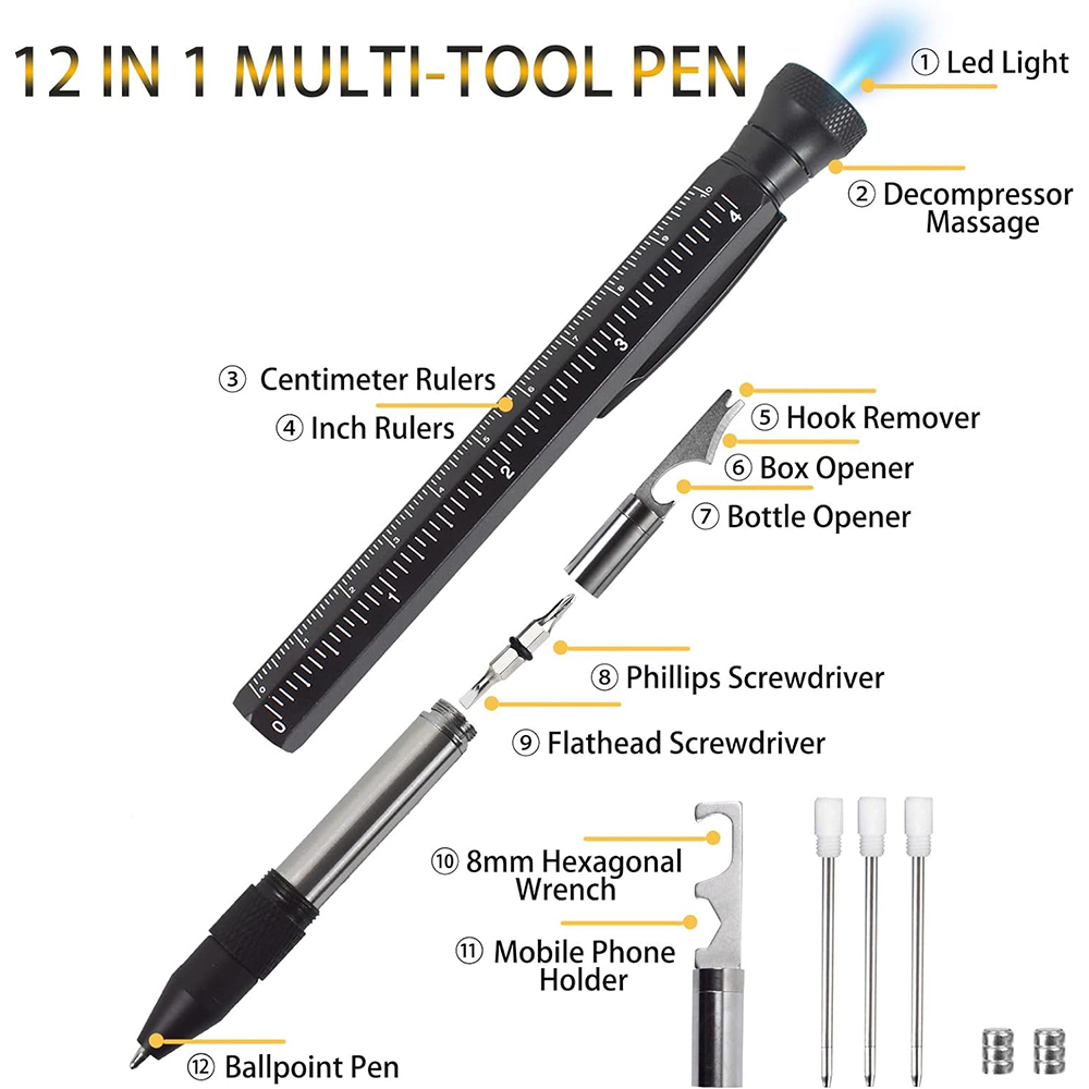 HMP P256 12-in-1 Multitool Pen, with LED Light, Decompressor Massager, Screwdrivers, Rulers - Black