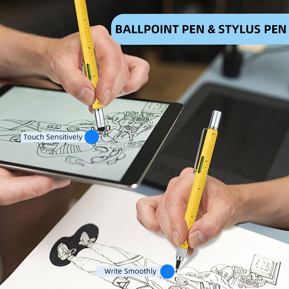 HMP P136A 6-in-1 Multitool Pen, met stylus, liniaal, waterpas, schroevendraaier, intrekbare penfunctie - Geel