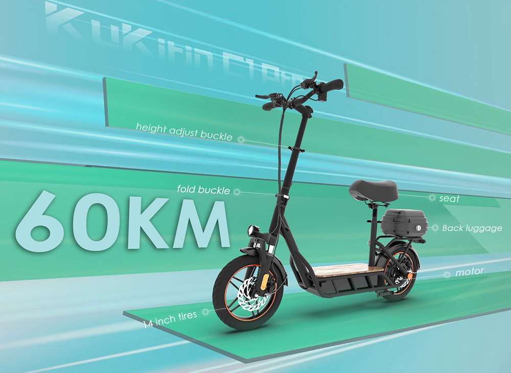 KuKirin C1 Pro Electric Scooter with Seat, 14-inch Pneumatic Tire, 500W Motor, 48V 15Ah Battery, 45km/h Max Speed - Black