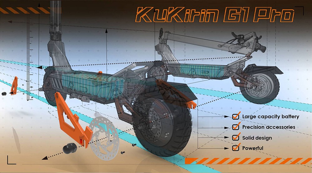 KuKirin G1 Pro opvouwbare elektrische scooter, 10-inch luchtband, 2 * 800W motor, 48V 20.8Ah batterij - Zwart