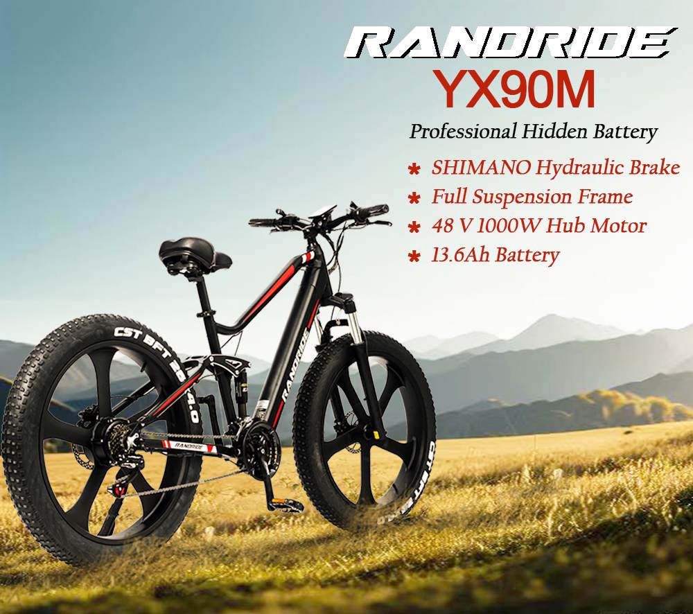 RANDRIDE YX90M Elektrofahrrad, 26 Zoll Fettreifen, bürstenloser 1000W Motor, 48V 13,6Ah Akku, 45 km/h Höchstgeschwindigkeit