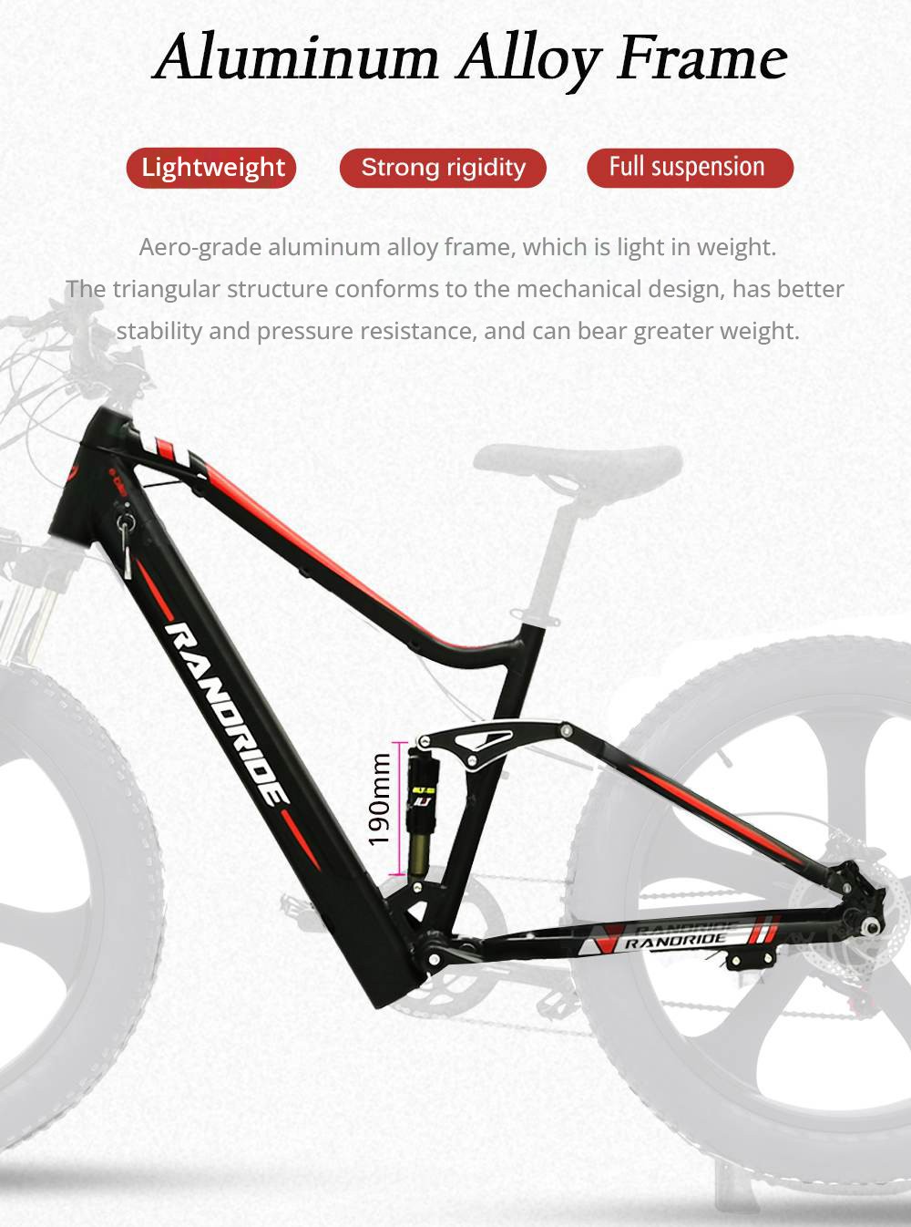 RANDRIDE YX90M Elektrische fiets, 26 dikke band, 1000W borstelloze motor, 48V13.6Ah accu, 45km/h max snelheid