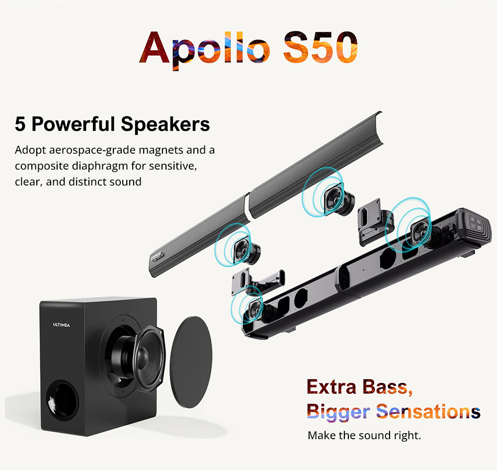 Ultimea Apollo S50 4.1ch afneembare geluidsbalk met subwoofer, Bluetooth 5.3, instelbaar basniveau, 3 EQ-modi