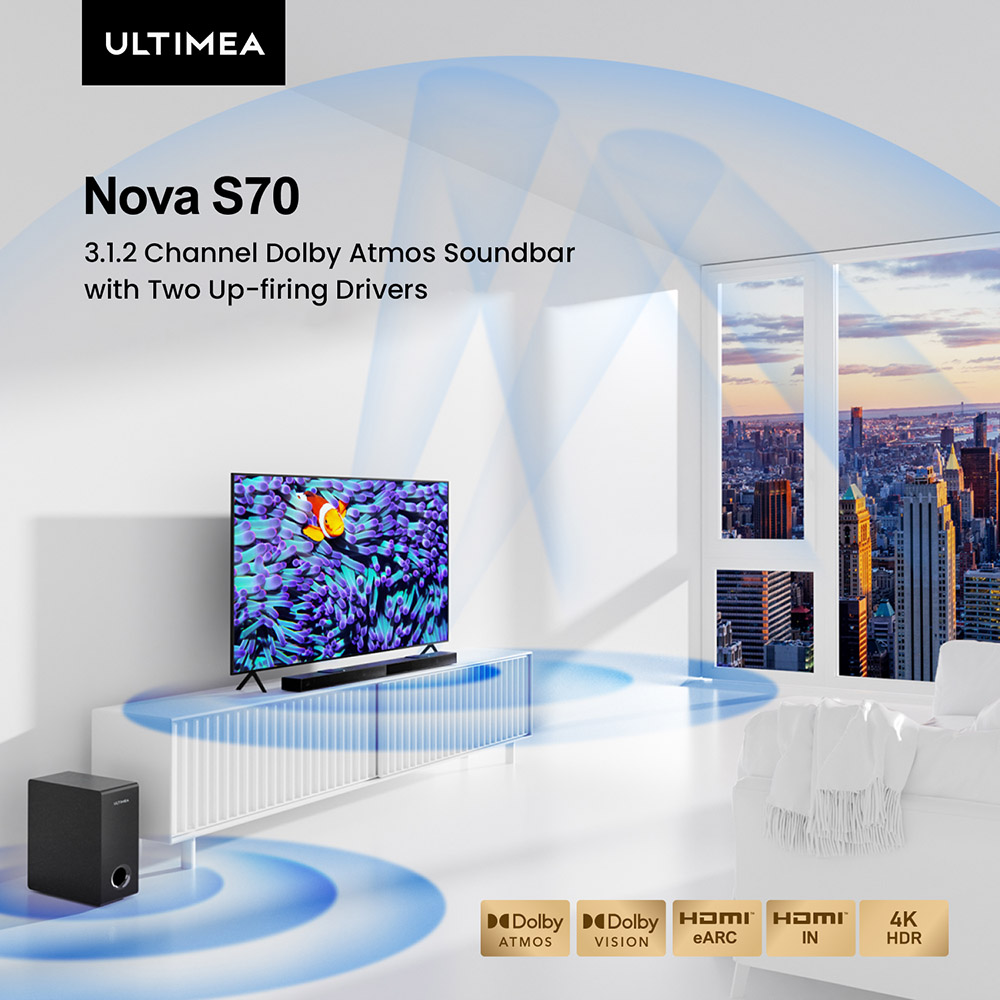 Ultimea Nova S70 Soundbar met Subwoofer, 3.1.2-kanaals, 4K Dolby Vision HDR Pass-Through, 3 EQ-modi