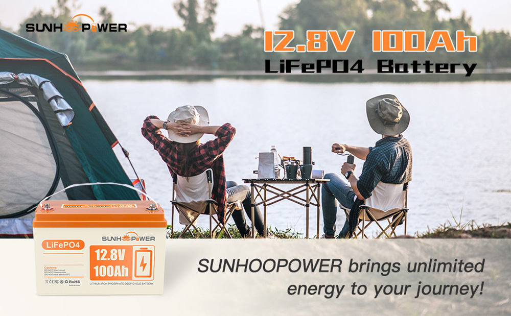 SUNHOOPOWER 12V 100Ah LiFePO4 accu, 1280Wh energie, ingebouwd 100A BMS, Max.1280W laadvermogen