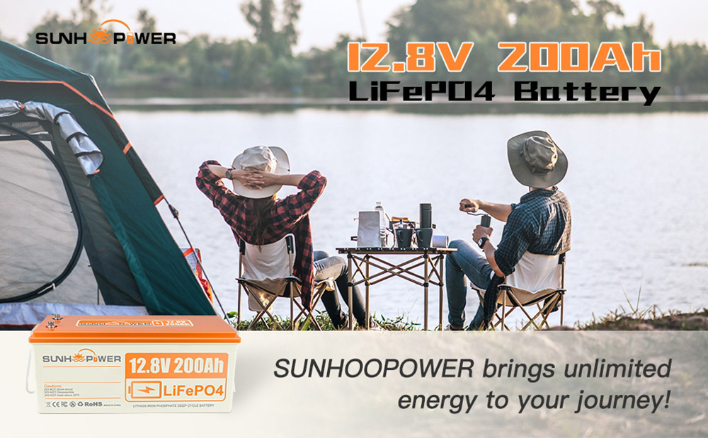 SUNHOOPOWER 12V 200Ah LiFePO4 Akku, 2560Wh, integriertes 100A BMS, max. 1280W Ladeleistung, IP68