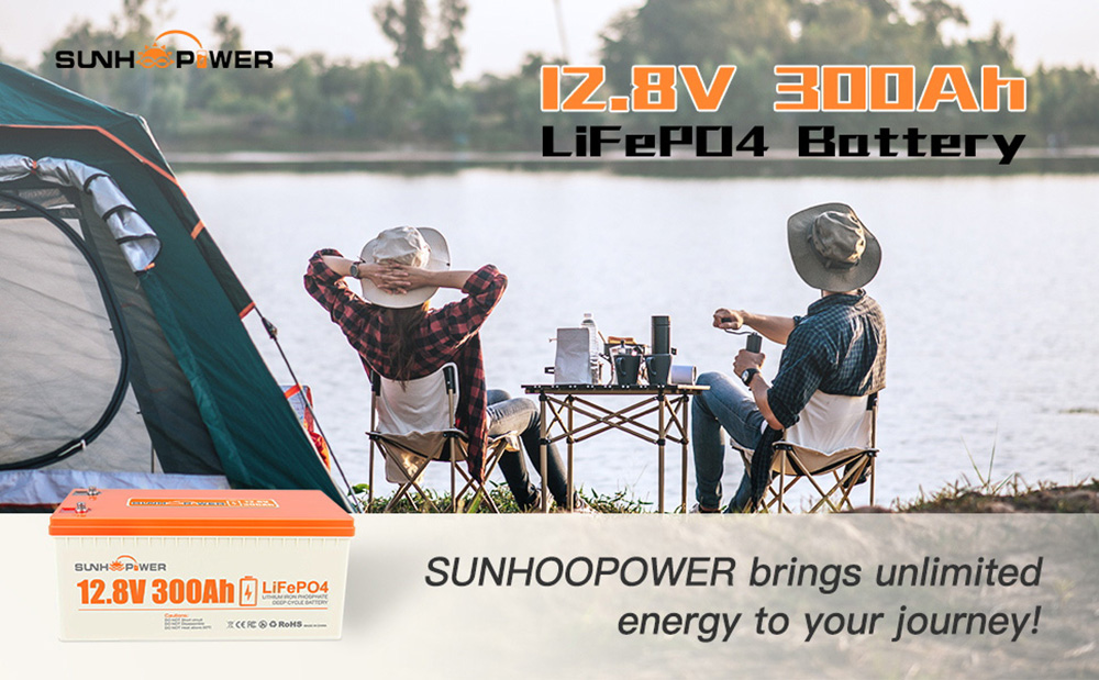 SUNHOOPOWER 12V 300Ah LiFePO4 Batterij, 3840Wh Energie, Ingebouwd 200A BMS, Max.2560W Laadvermogen, IP68