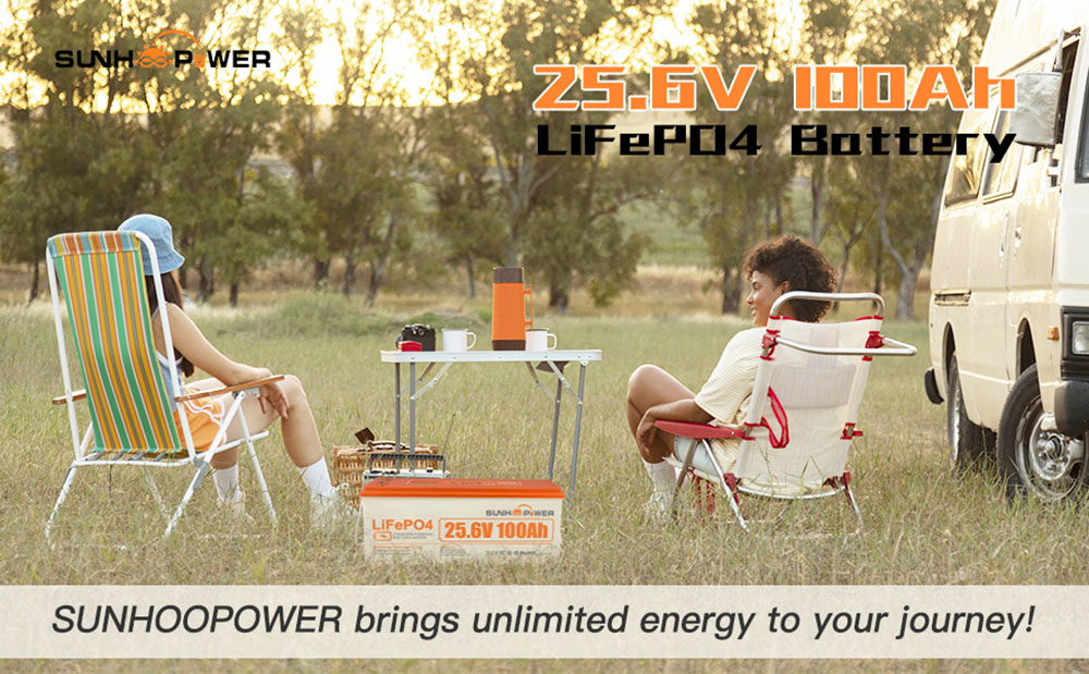 SUNHOOPOWER 24V 100Ah LiFePO4 Battery, 2560Wh Energy, Built-in 100A BMS, Max.2560W Load Power, IP68