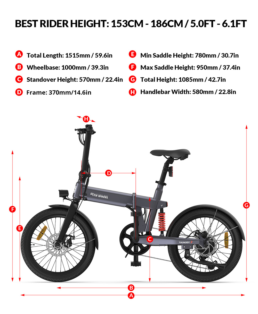5TH WHEEL Thunder 2 Flodablle Electric Bike, 250W Motor, 36V 10.4Ah Battery, 20-inch Rubber Tires, 25km/h Max Speed