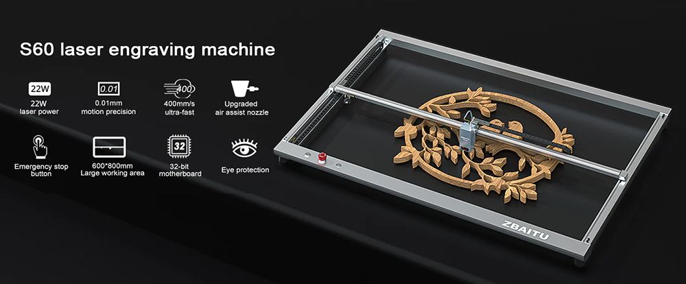 ZBAITU S60 20W Laser Engraver Cutter, 600mm/s Engraving Speed, Air Assist Nozzle, Eye Protection - EU Plug