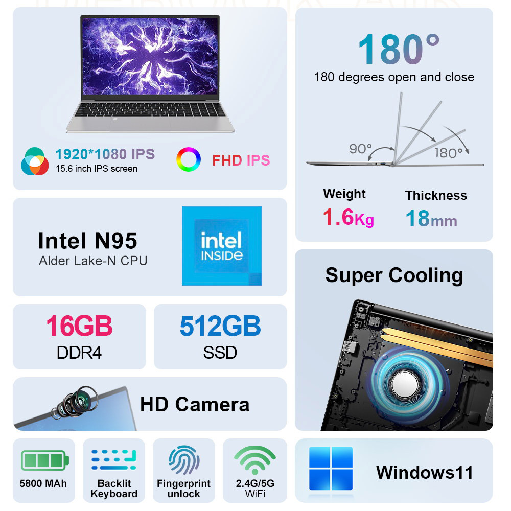 Ninkear N15 Air Laptop, 15,6 1920*1080 IPS-scherm, Intel N95 Alder Lake-N 4 cores 3.4Ghz, 16GB RAM 512GB SSD