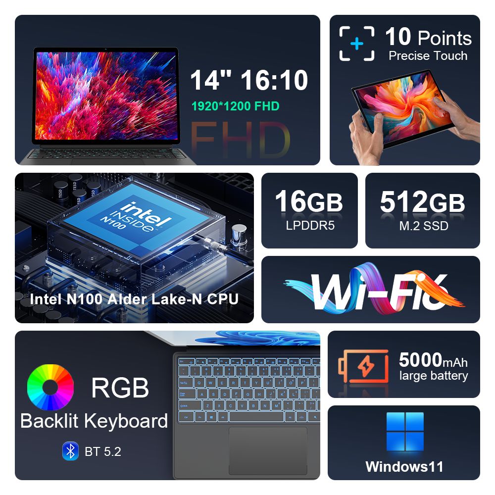 Ninkear T40 2-in-1 Tablet PC, 14'' 1920*1200 IPS Touchscreen