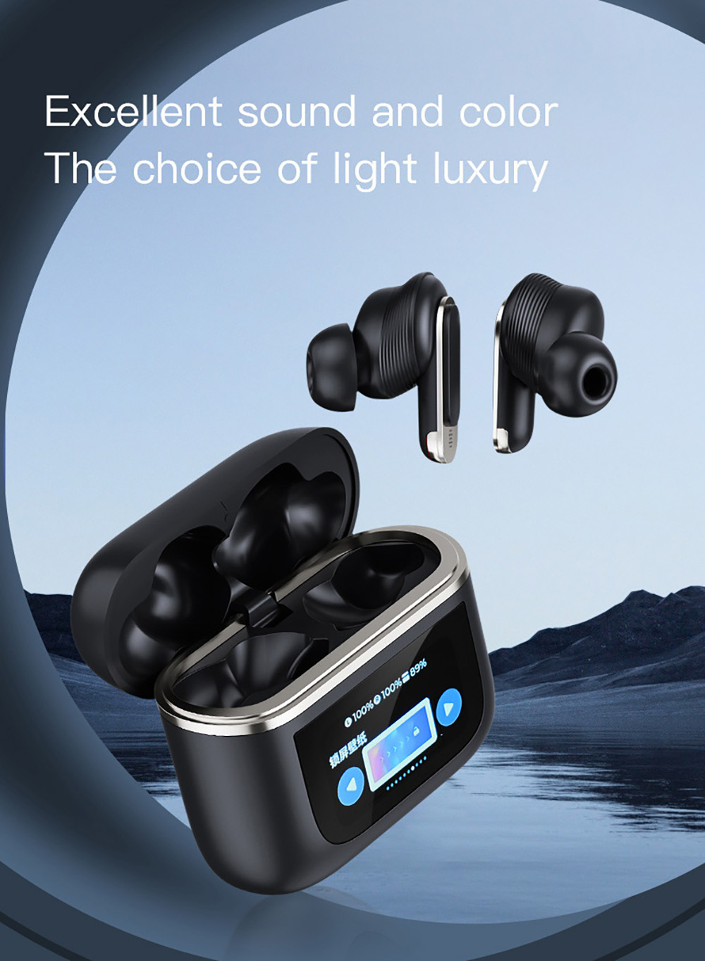 Smart LCD Touchscreen Bluetooth 5.3 Earbuds, Waterproof Wireless Sport Headphones - Black