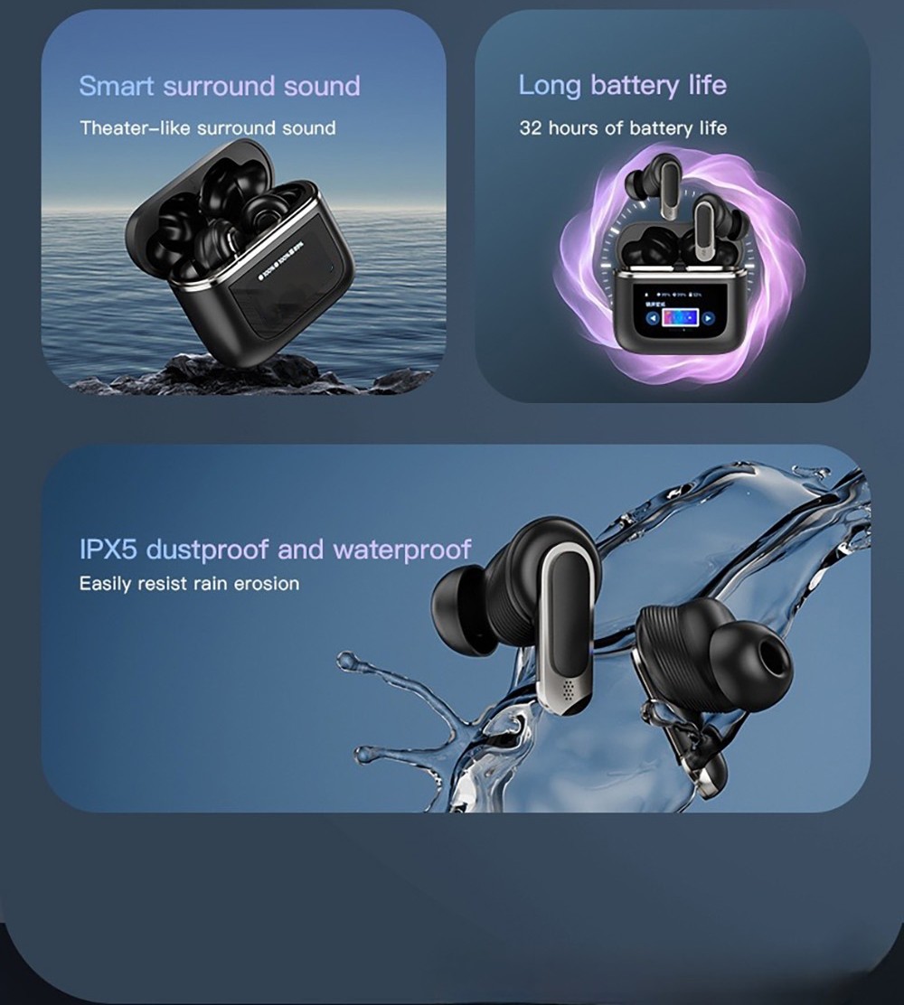 Slimme Bluetooth 5.3 oordopjes met LCD-aanraakscherm, Waterdichte draadloze sportkoptelefoon - Golden