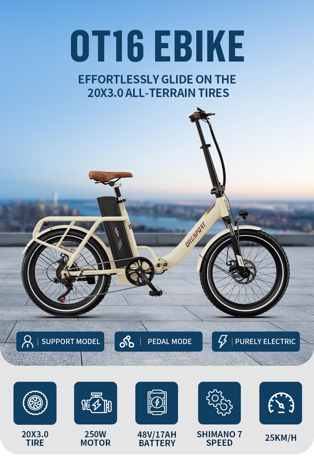 ONESPORT OT16-2 Foldable Electric Bike, 250W Motor, 48V 17Ah Battery, 20*3.0 inch Tires - White