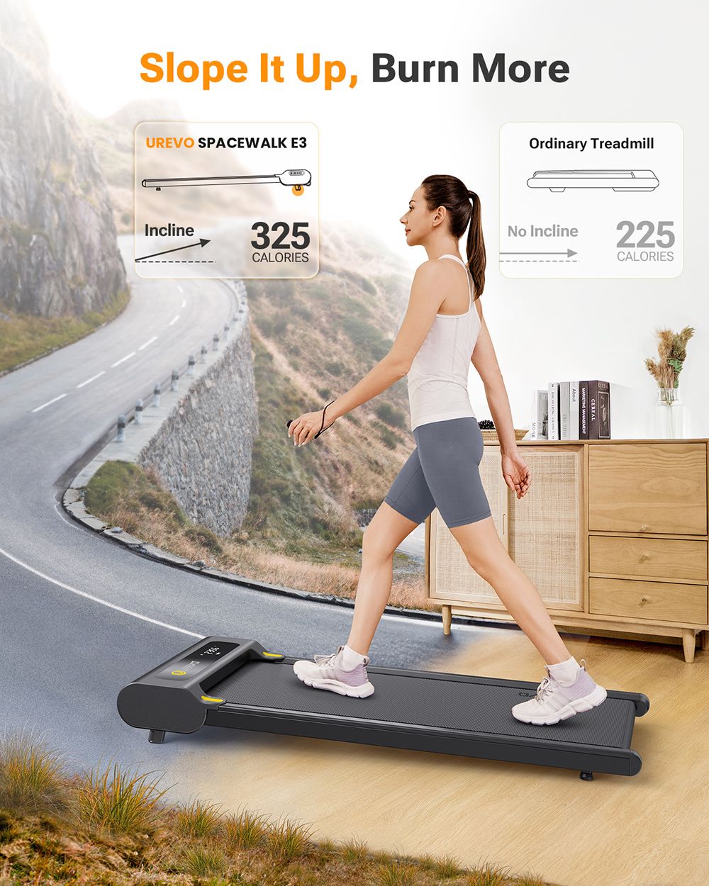 UREVO E3S Walking Treadmill with Incline, Quiet 2.25 HP Motor, LED Display, Remote Control, 0.9-6.4 kmph Speed