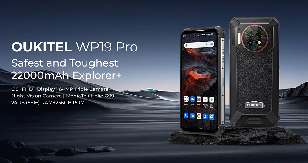 OUKITEL WP19 Pro Rugged Phone, 6.8 FHD Screen, 64MP AI Camera, 20MP Night Vision, 22000mAh Battery