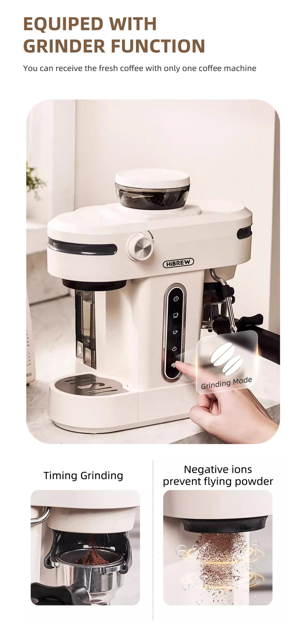 HiBREW H14 Espresso-Kaffeemaschine, 20 Bar Hochdruck, 15-Gang-Mahlwerkseinstellung, Vorbrühfunktion - Beige
