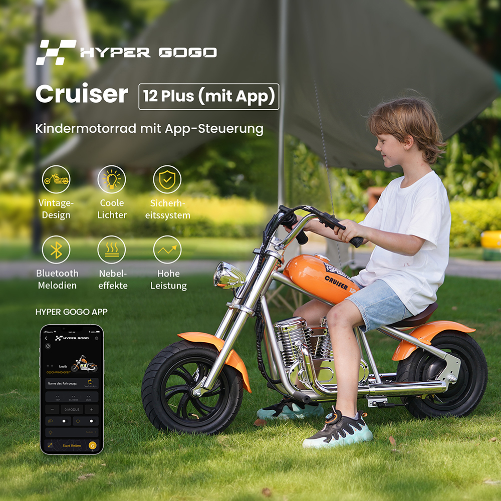 Hyper GOGO Cruiser 12 Plus Elektro-Motorrad mit App für Kinder, 12 x 3 Zoll Reifen, 160W Motor, 21.9V 5.2Ah Akku - Grün