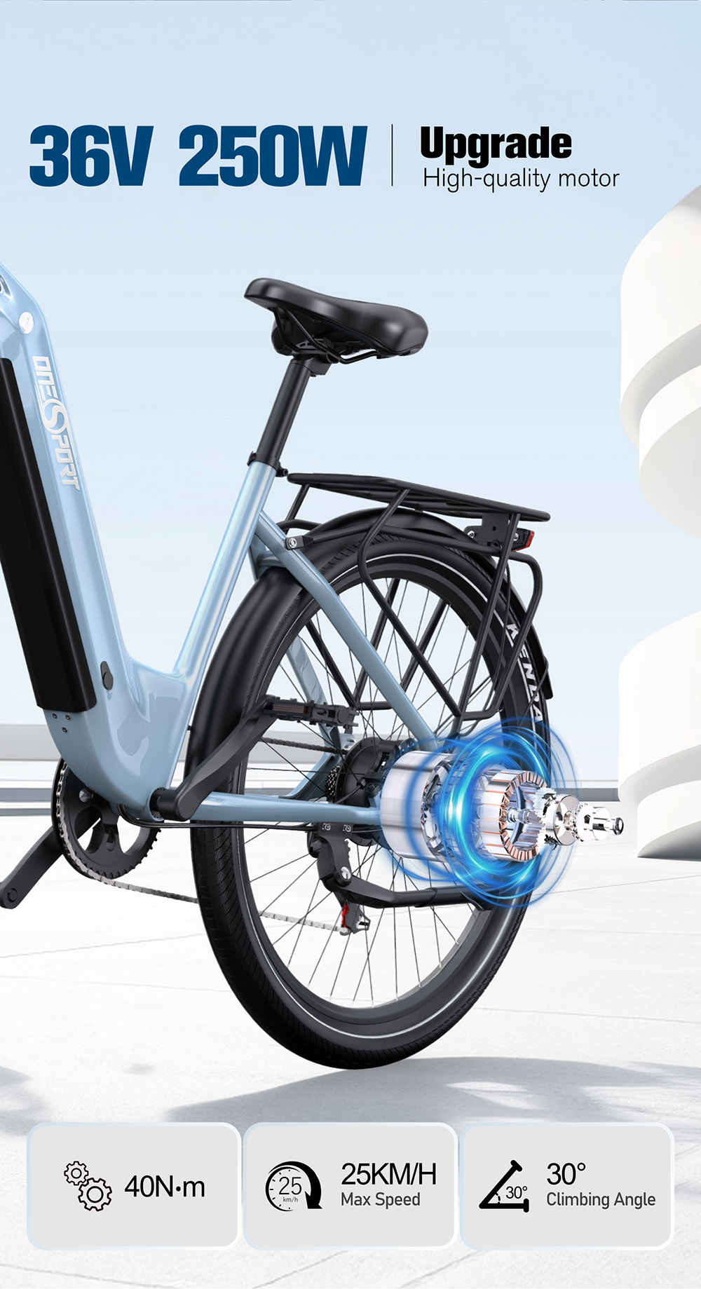 City Elektrische Fiets ONESPORT OT05, 250W Motor, 36V 18.2Ah Batterij, 27.5*2.25-inch Band, 25km/h - Glanzend Blauw