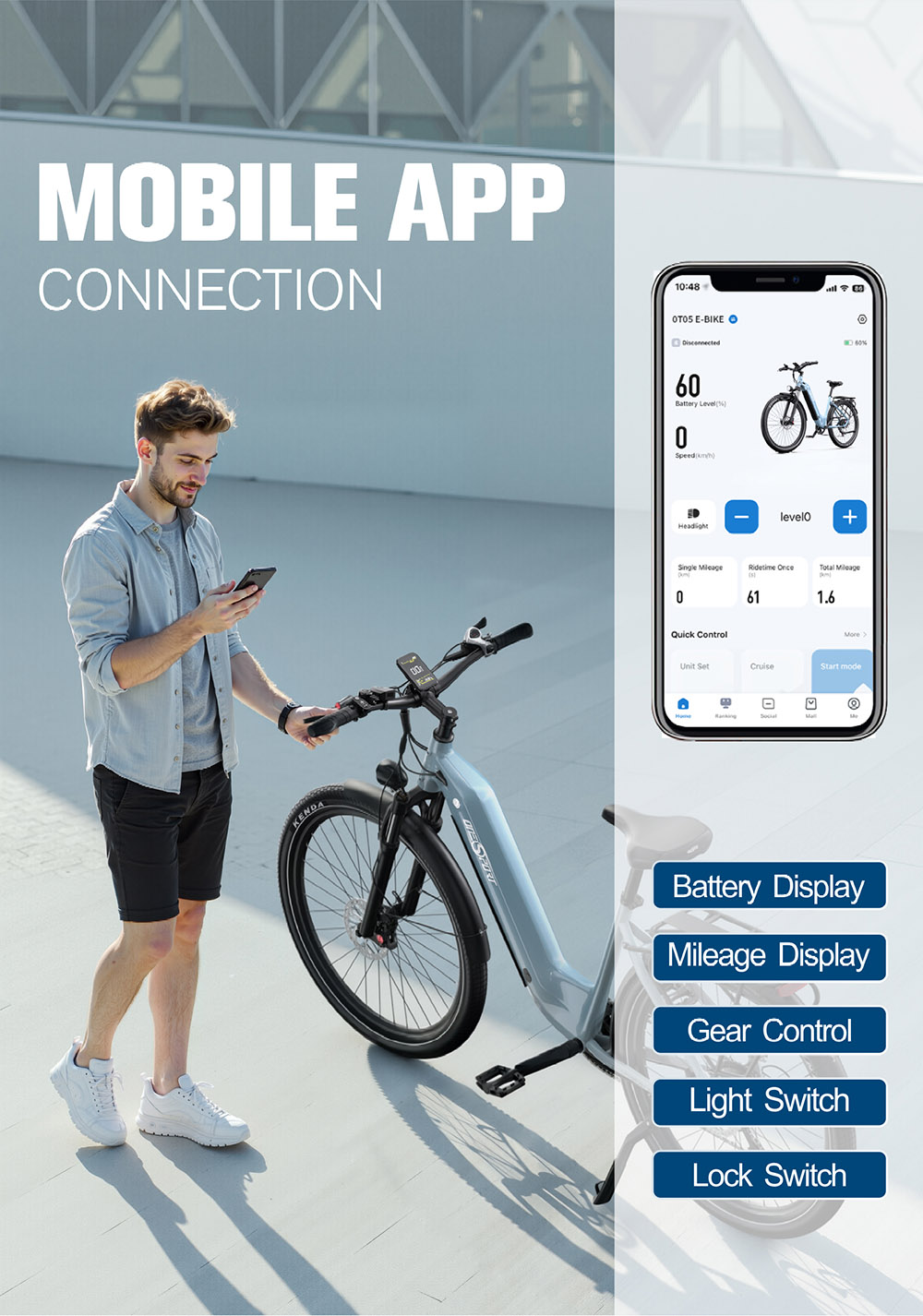 City Elektrische Fiets ONESPORT OT05, 250W Motor, 36V 18.2Ah Batterij, 27.5*2.25-inch Band, 25km/h - Glanzend Blauw