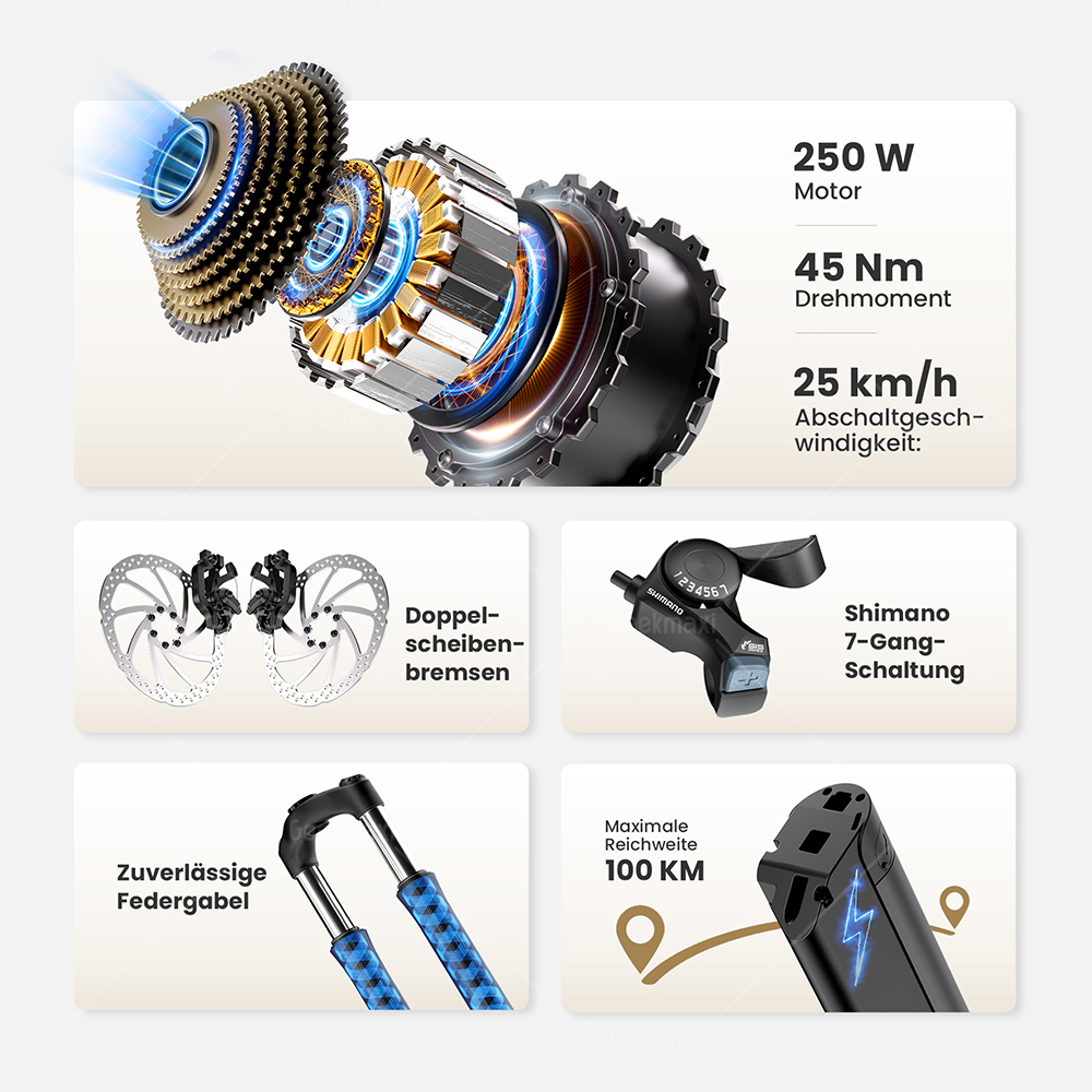 Touroll J2 ST Elektrofahrrad, 250W Motor, 36V 15,6Ah Akku, Doppelfedergabel vorne, 100 km Reichweite – Grau