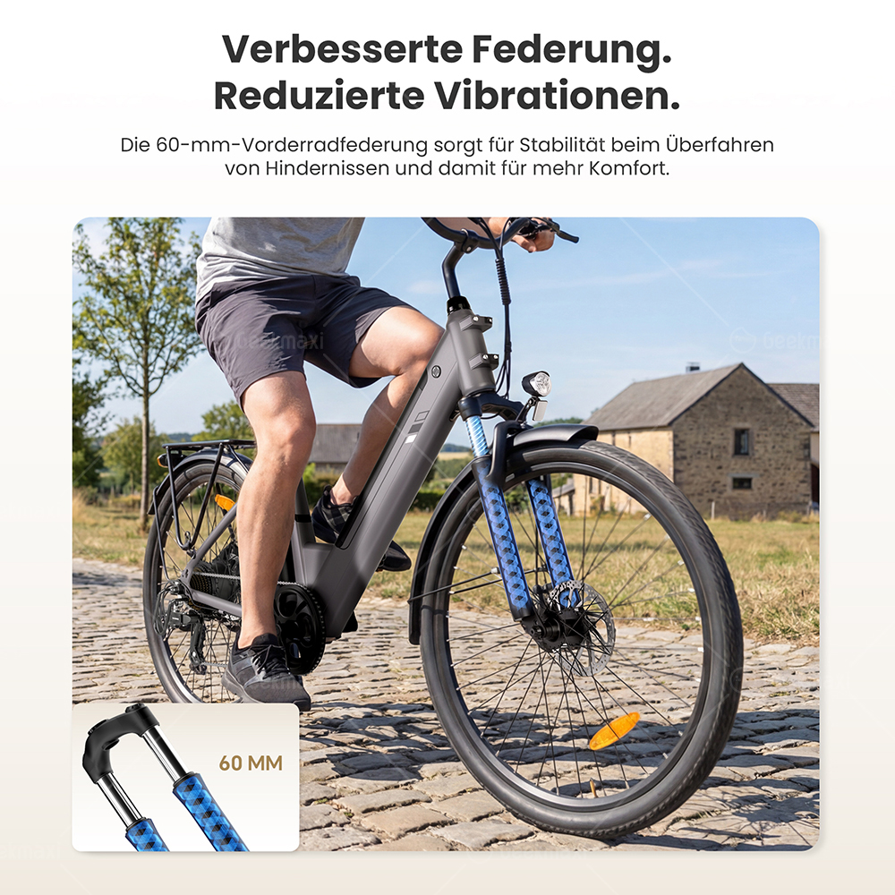 Touroll J2 ST Elektrofahrrad, 250W Motor, 36V 15,6Ah Akku, Doppelfedergabel vorne, 100 km Reichweite – Grau