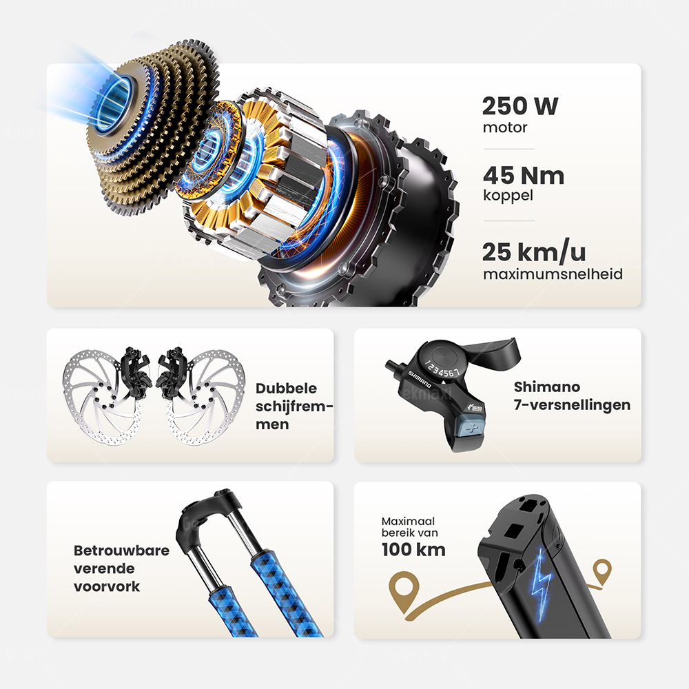 Touroll J2 ST elektrische fiets, 250 W motor, 36 V 15,6 Ah accu, dubbele voorvorkvering, actieradius van 100 km - Grijs