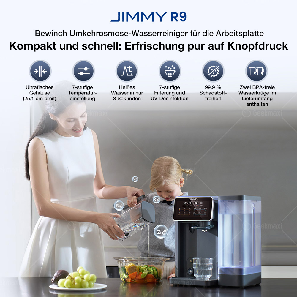JIMMY R9 Umkehrosmose-Wasserreiniger für die Arbeitsplatte, 7 Temperatureinstellungen, UV-Sterilisationstechnologie, TDS-Monitor