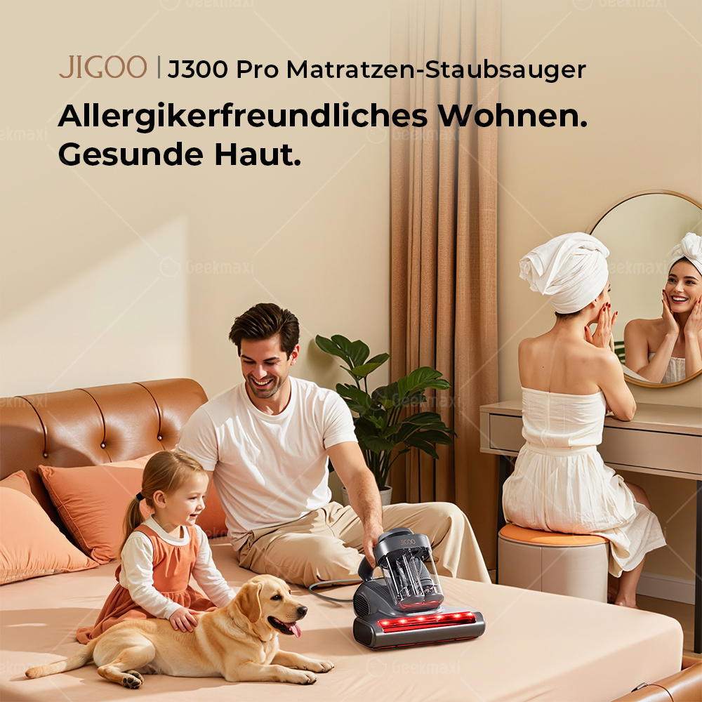 JIGOO J300 Pro Smart Dual-Cup Matratzenstaubsauger, 14 kPa Saugkraft, Tiefenentkeimung, UV-Licht - Grau