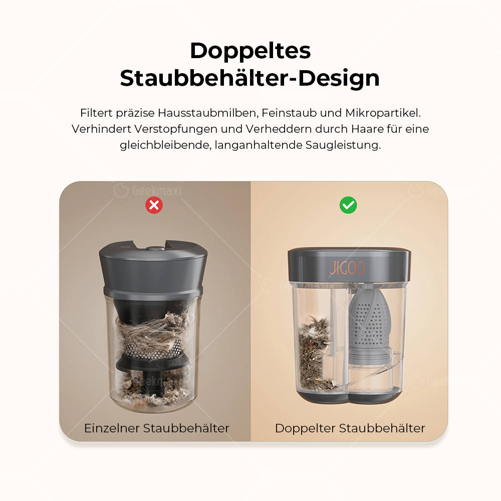 JIGOO J300 Pro Smart Dual-Cup Matratzenstaubsauger, 14 kPa Saugkraft, Tiefenentkeimung, UV-Licht - Grau