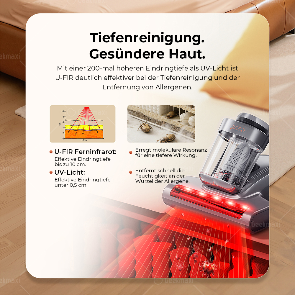 JIGOO J300 Pro Smart Dual-Cup Matratzenstaubsauger, 14 kPa Saugkraft, Tiefenentkeimung, UV-Licht - Grau
