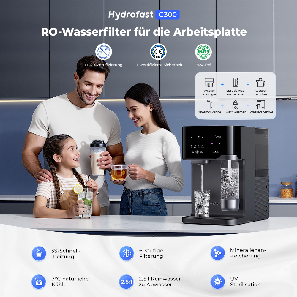 Hydrofast C300 RO-Tischwasserfilter – Eis- & Sprudelwasser, UV, 6-stufige Filtration