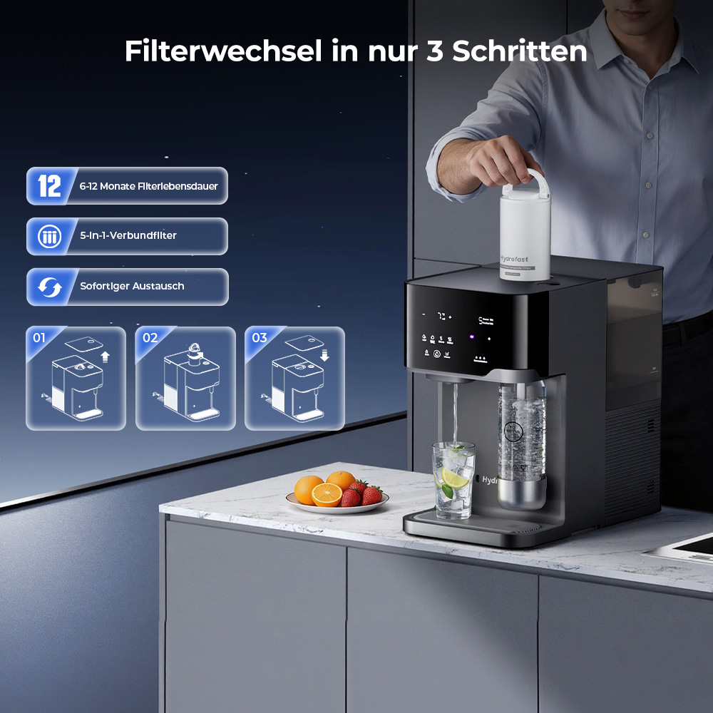 Hydrofast C300 RO-Tischwasserfilter – Eis- & Sprudelwasser, UV, 6-stufige Filtration