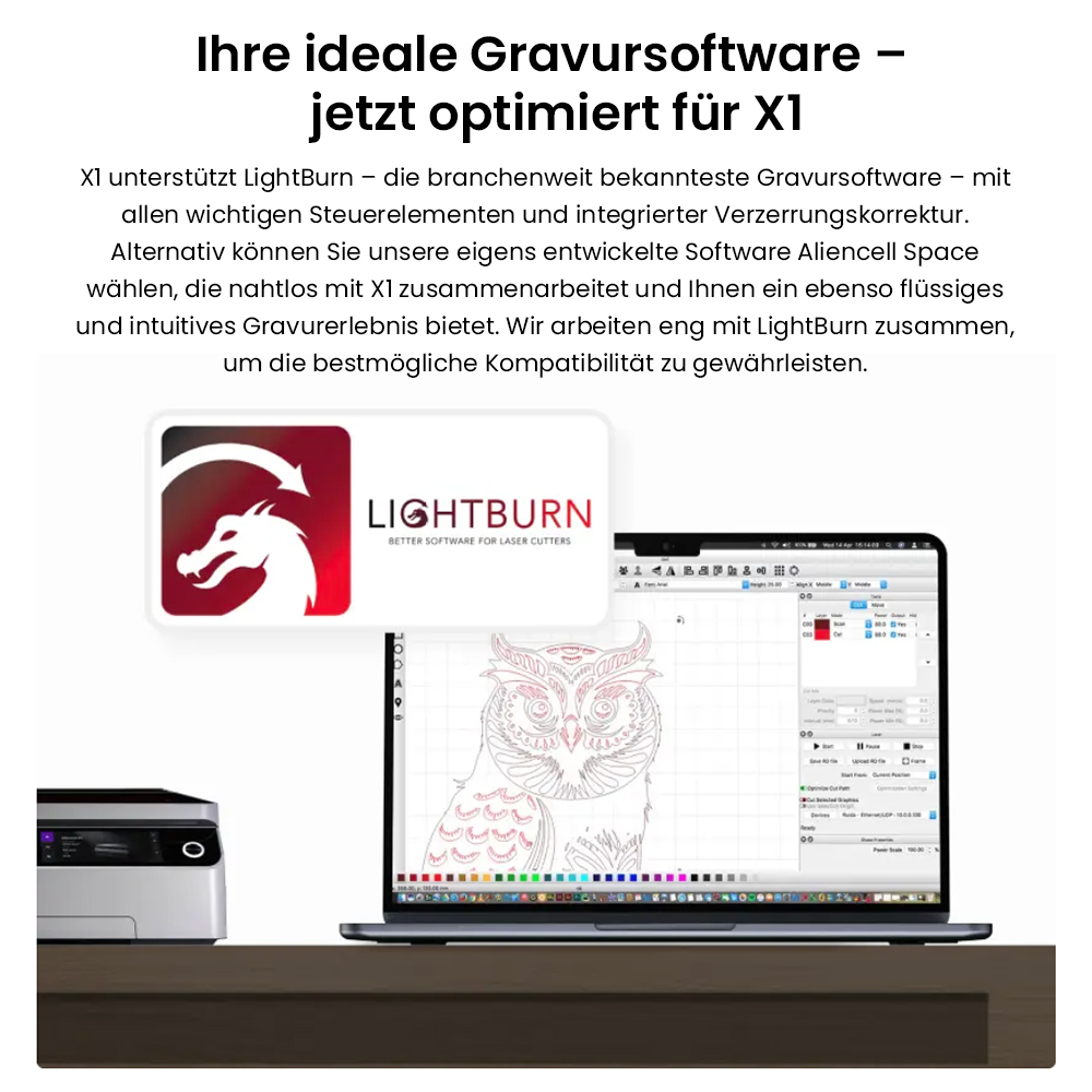 Aliencell X1 40W Desktop Diodenlasergravierer + Luftpumpe, 600mm/s Geschwindigkeit, 0.08×0.1mm Spot - Weiß
