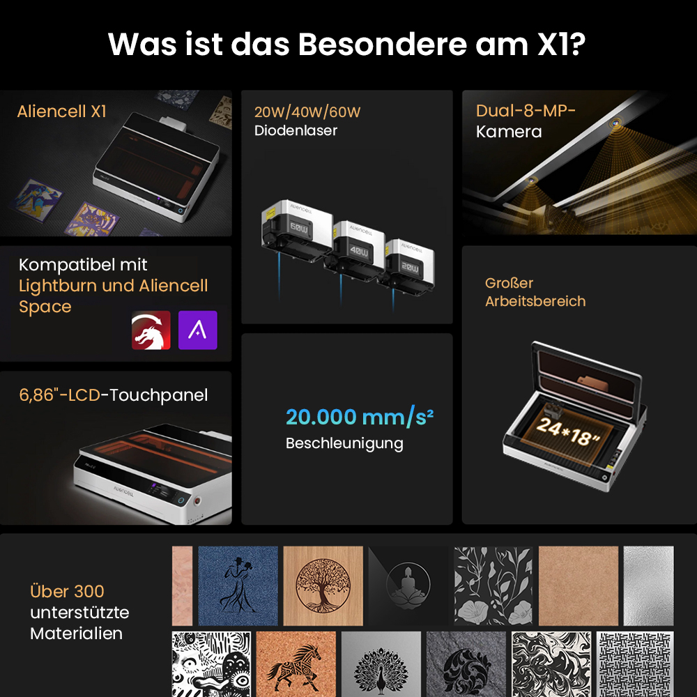 Aliencell X1 40W Desktop Diodenlasergravierer + Luftpumpe, 600mm/s Geschwindigkeit, 0.08×0.1mm Spot - Weiß