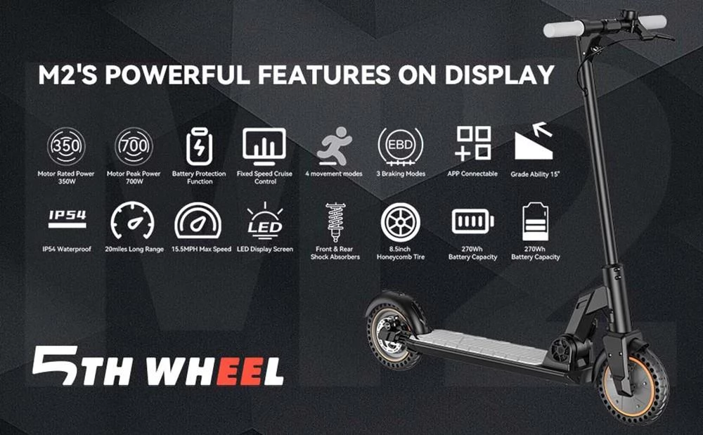 5TH WHEEL M2 8.5 Honeycomb Tires opvouwbare elektrische scooter - 350W Motor & 36V/7.5Ah Batterij