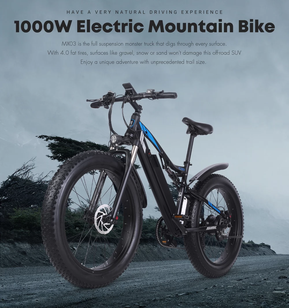 Shengmilo MX03 26 Inch Fat Tires Electric Bike - 48V 1000W Brushless Motor & 17Ah Battery