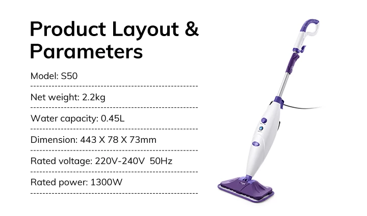 EASINE by ILIFE S50 1300W Wired Steam Mop 450ml Water Tank 10 Levels Adjustable 120 Degree Celsius High-Temperature