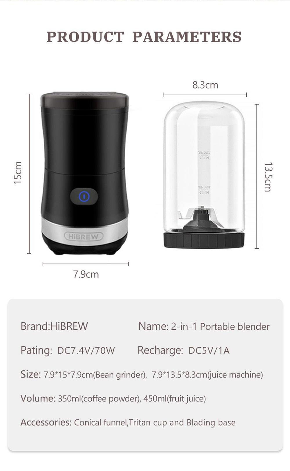HiBREW 70W Draagbare Koffiebonenmolen Blender, DC 5V USB Oplaadbare Koffiemolen Machine, 350ml Single Cup