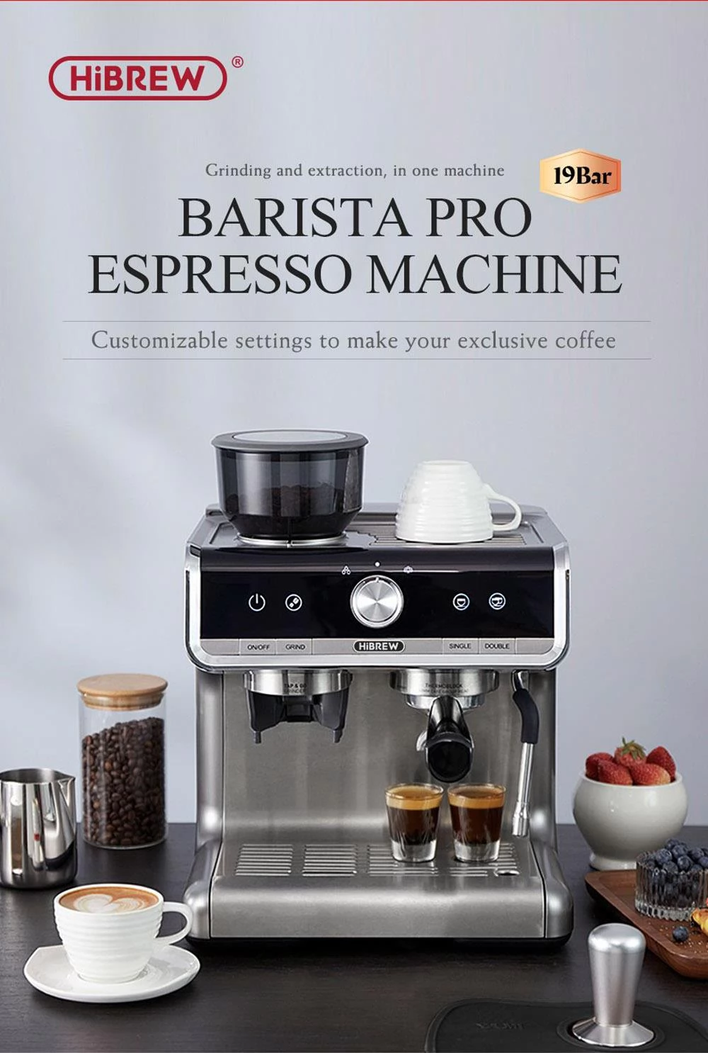 HiBREW H7 1550W koffiemachine, 19 Bar koffiezetapparaat met Latte Cup Powder Tamper elektronische weegschaal