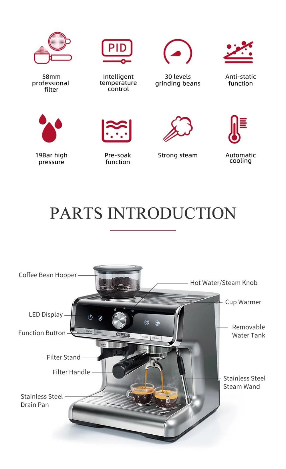 HiBREW H7 1550W Kaffeemaschine, 19Bar Kaffeemaschine mit Latte Cup Pulverstampfer Elektronische Waage