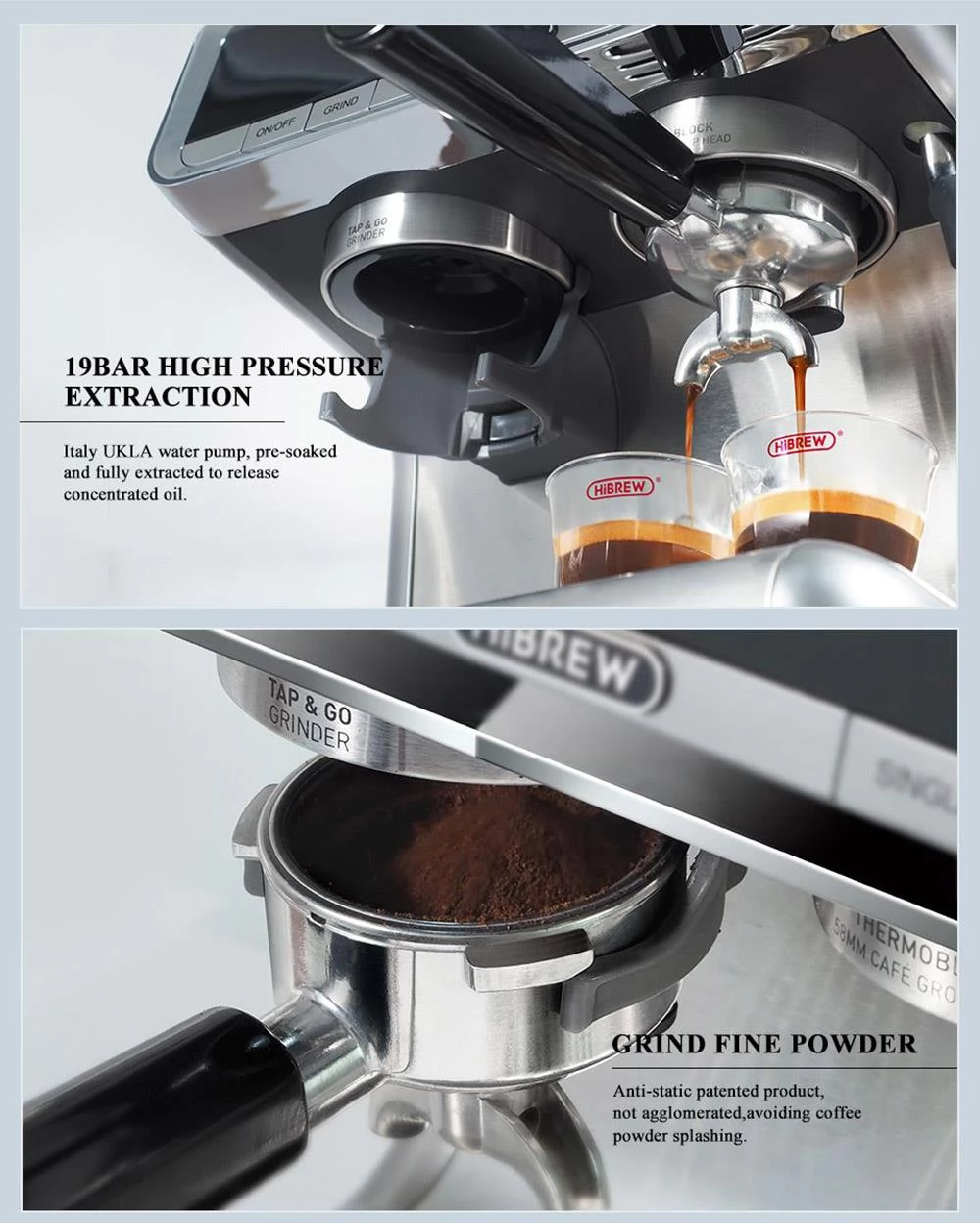 HiBREW H7 1550W koffiemachine, 19 Bar koffiezetapparaat met Latte Cup Powder Tamper elektronische weegschaal