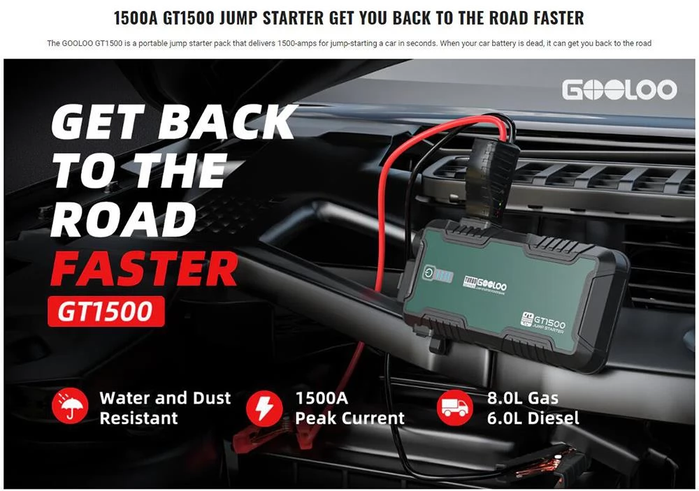 GOOLOO GT1500 Jump Starter, 1500A Peak Auto-Starter, 12V tragbare wasserdichte Power Pack, Auto-Batterie-Booster, LED-Licht