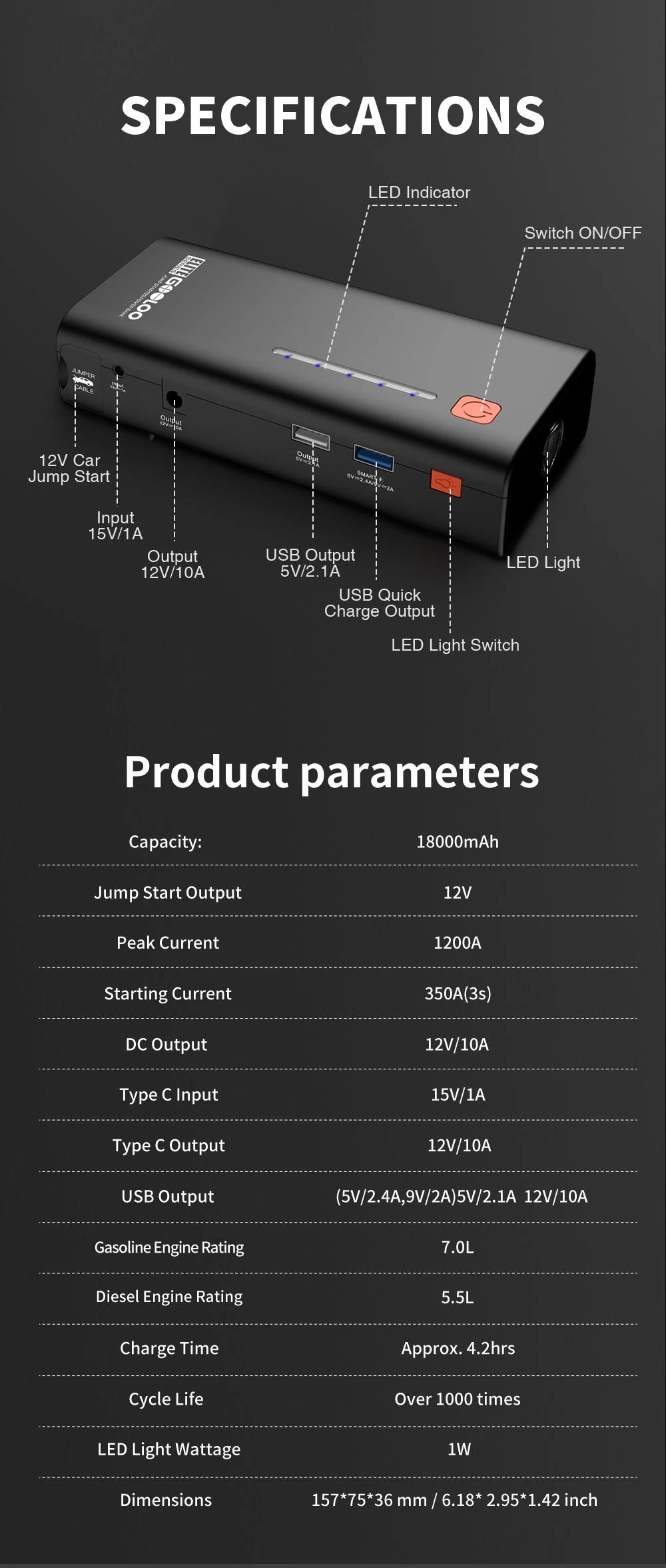GOOLOO GE1200 Jump Starter, 1200A Peak Autostarter, 18000mAh tragbares Kraftpaket, 12V Auto Batterie Booster, LED Licht